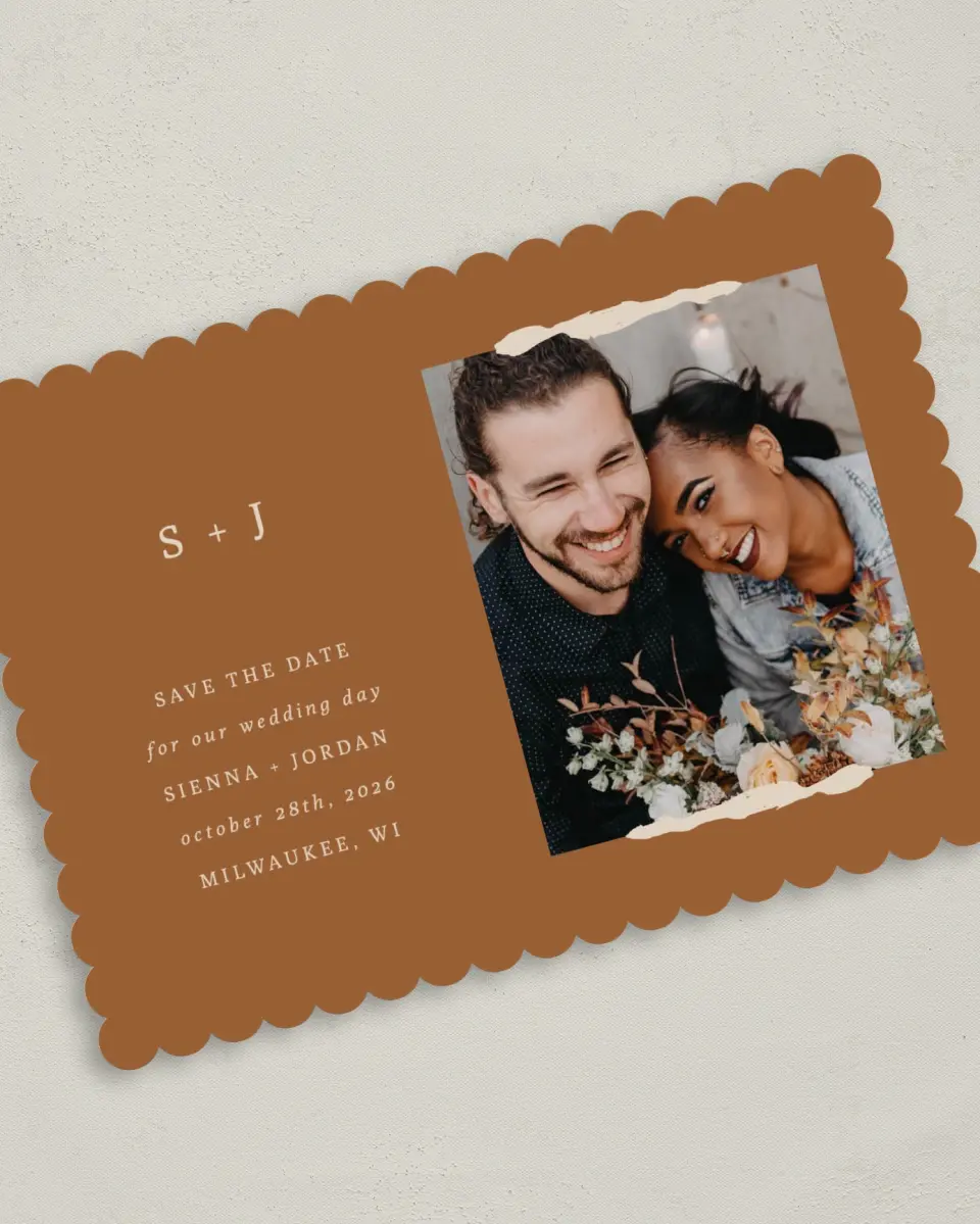 This is a 5" x 7" Save the Date Card called Threads of Love printed in full color on Premium Smooth paper