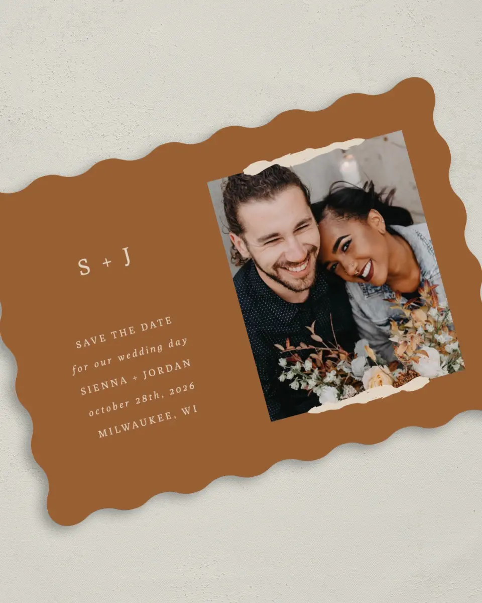 This is a 5" x 7" Save the Date Card called Threads of Love printed in full color on Premium Smooth paper