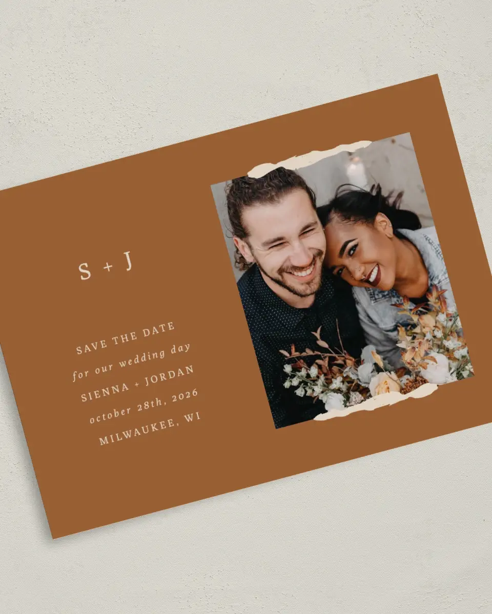 This is a 5" x 7" Save the Date Card called Threads of Love printed in full color on Premium Smooth paper