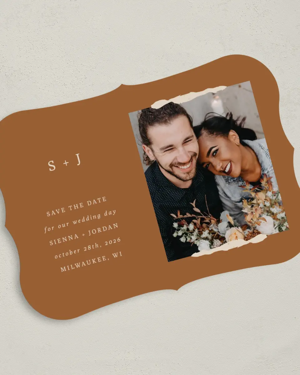 This is a 5" x 7" Save the Date Card called Threads of Love printed in full color on Premium Smooth paper