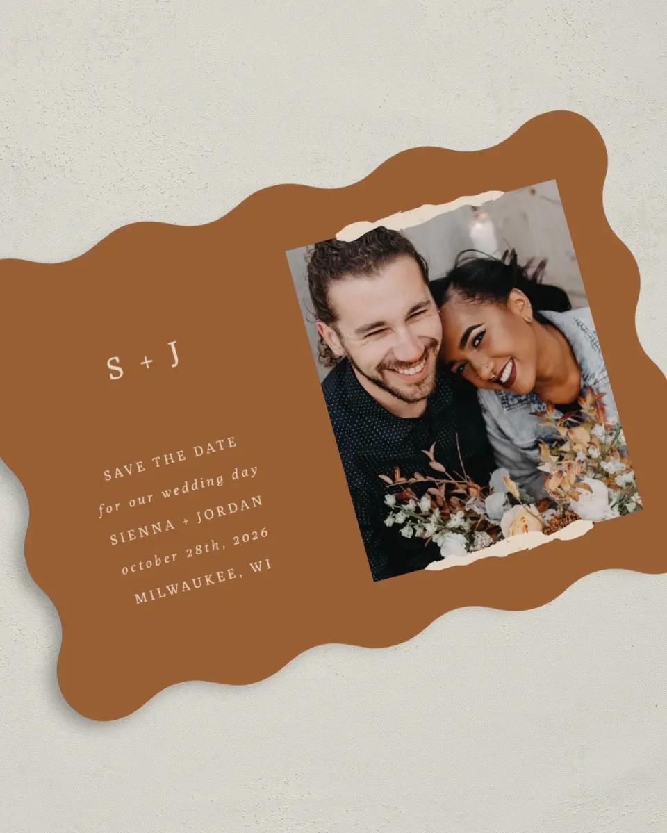 This is a 5" x 7" Save the Date Card called Threads of Love printed in full color on Premium Smooth paper
