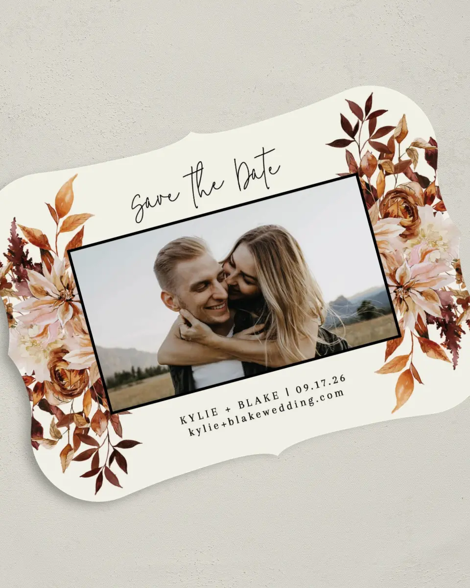 This is a 5" x 7" Save the Date Card called Country Blooms printed in full color on Premium Smooth paper