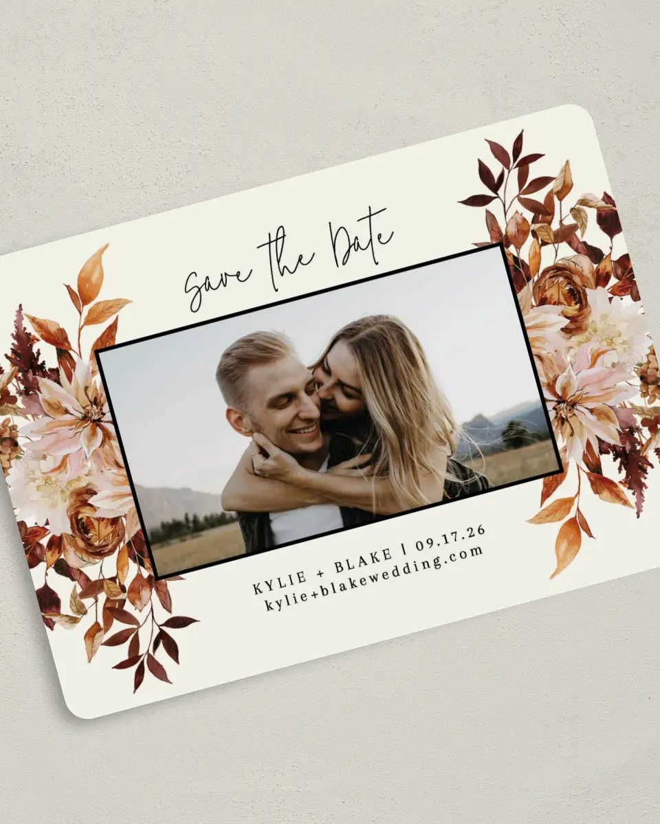 This is a 5" x 7" Save the Date Card called Country Blooms printed in full color on Premium Smooth paper