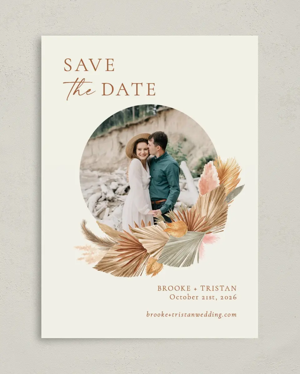 This is a 5" x 7" Save the Date Card called Sandy Fronds printed in full color on Premium Smooth paper