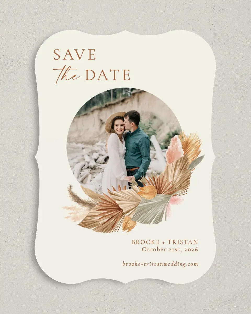This is a 5" x 7" Save the Date Card called Sandy Fronds printed in full color on Premium Smooth paper