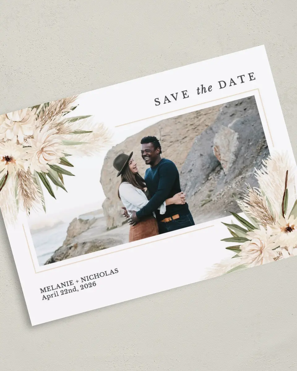 This is a 5" x 7" Save the Date Card called Natural Boho printed in full color on Premium Smooth paper