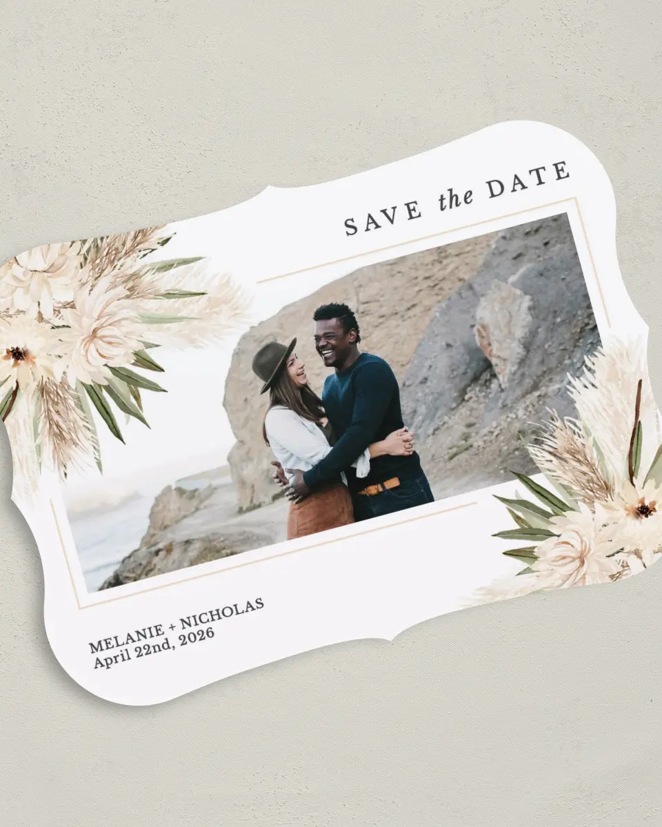 This is a 5" x 7" Save the Date Card called Natural Boho printed in full color on Premium Smooth paper