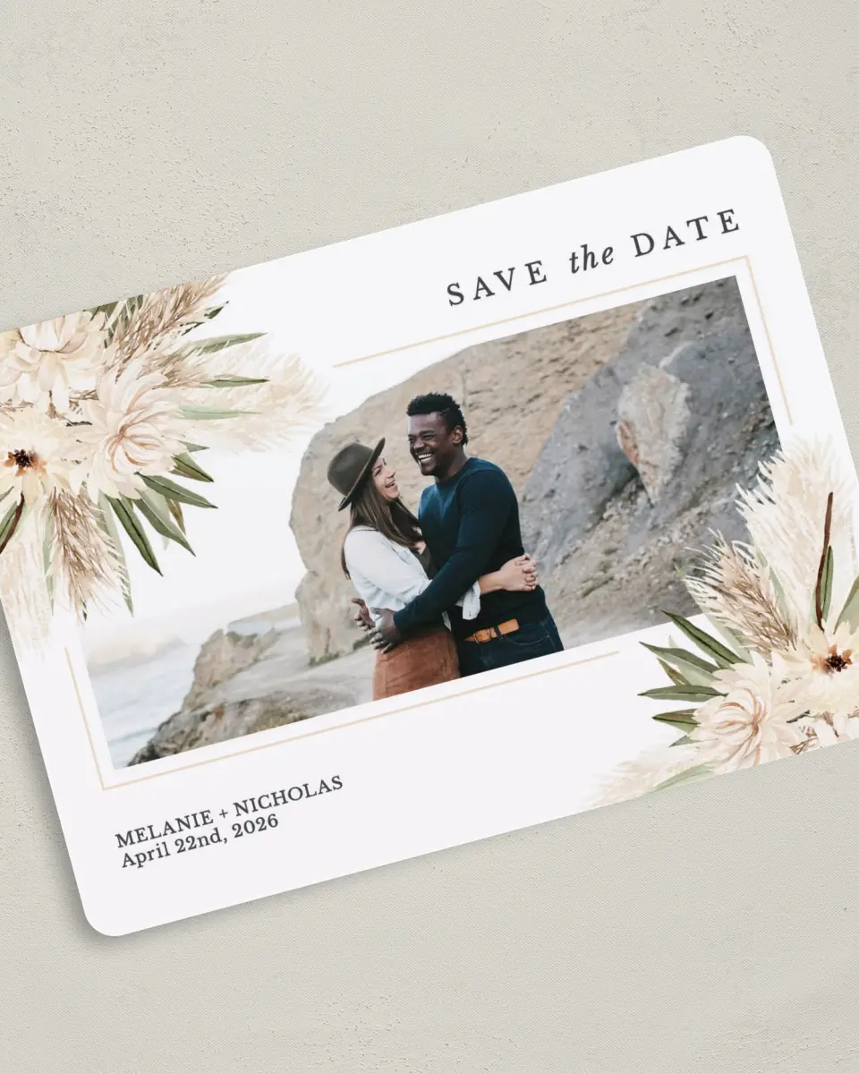 This is a 5" x 7" Save the Date Card called Natural Boho printed in full color on Premium Smooth paper
