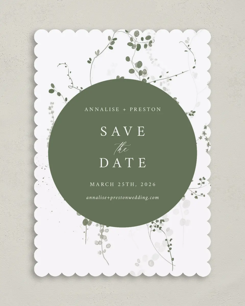 This is a 5" x 7" Save the Date Card called Fresh Tendrils printed in full color on Premium Smooth paper