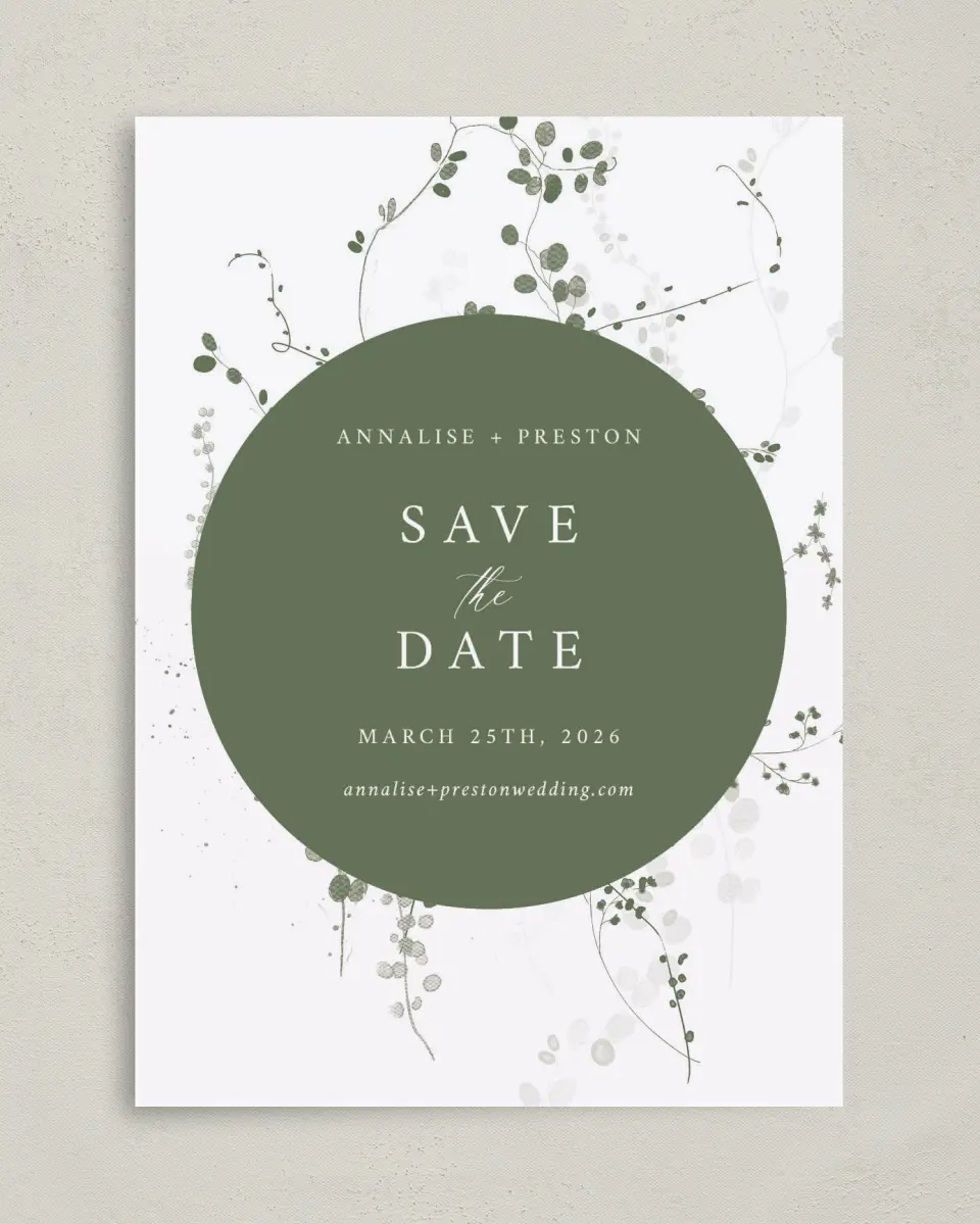 This is a 5" x 7" Save the Date Card called Fresh Tendrils printed in full color on Premium Smooth paper