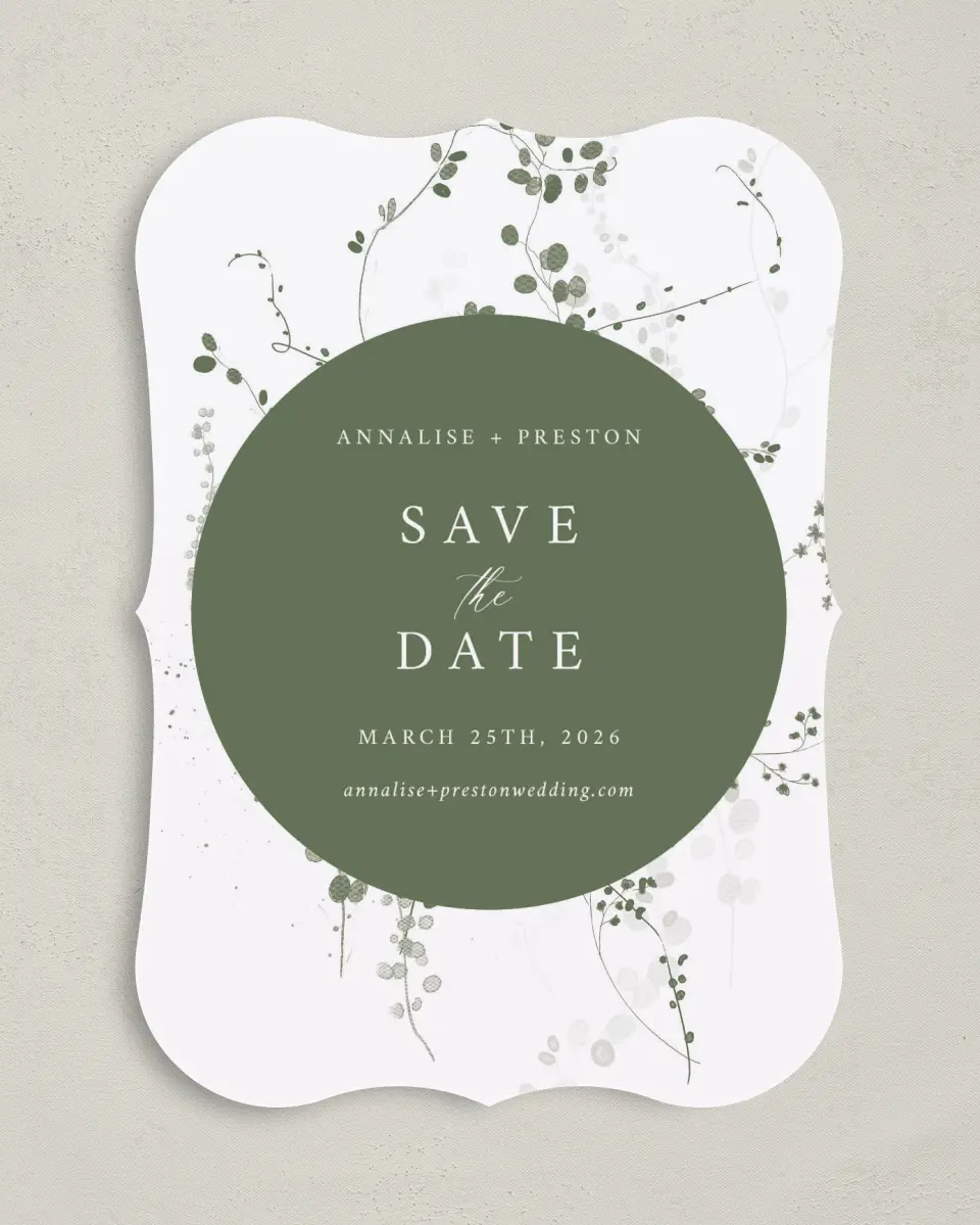 This is a 5" x 7" Save the Date Card called Fresh Tendrils printed in full color on Premium Smooth paper