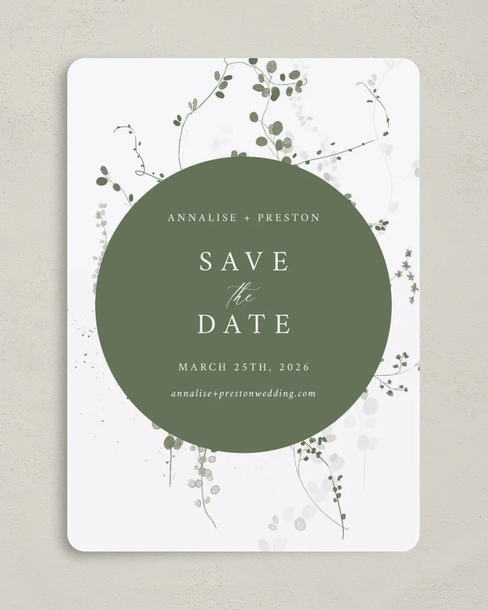 This is a 5" x 7" Save the Date Card called Fresh Tendrils printed in full color on Premium Smooth paper
