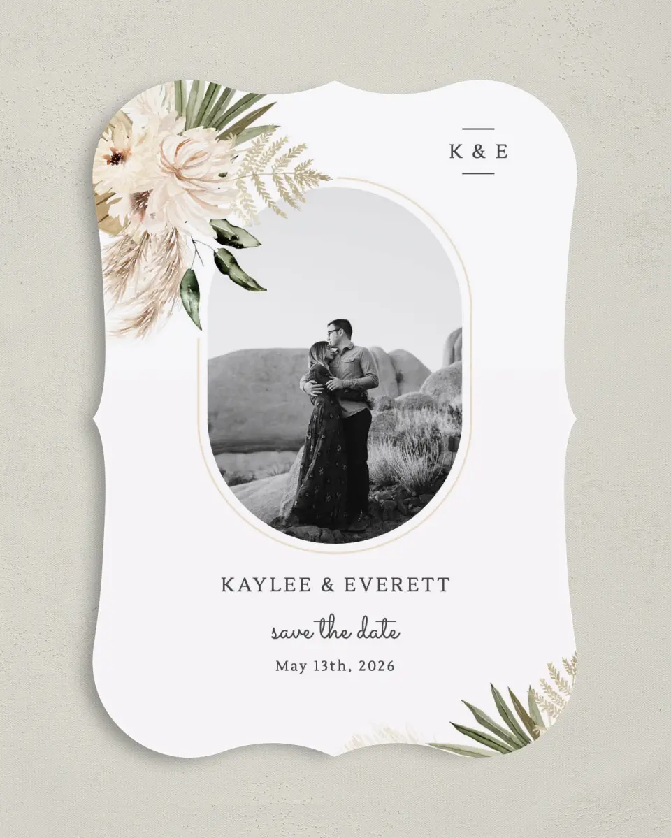 This is a 5" x 7" Save the Date Card called Serene Flora printed in full color on Premium Smooth paper