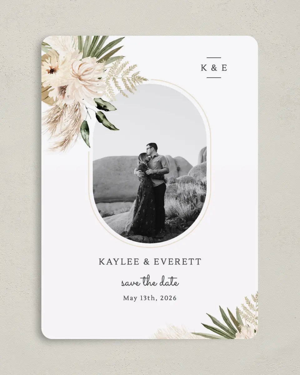 This is a 5" x 7" Save the Date Card called Serene Flora printed in full color on Premium Smooth paper