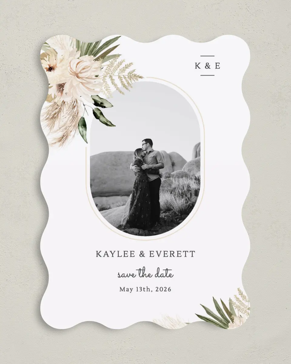 This is a 5" x 7" Save the Date Card called Serene Flora printed in full color on Premium Smooth paper