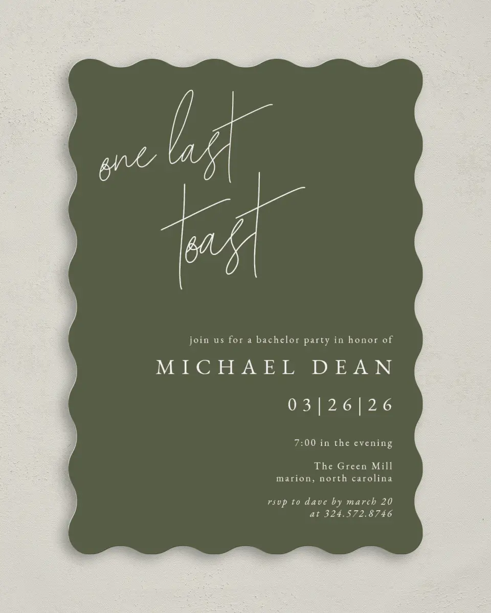 This is a 5" x 7" Bachelor Party Invitation called Modern Bachelor printed in full color on Premium Smooth paper