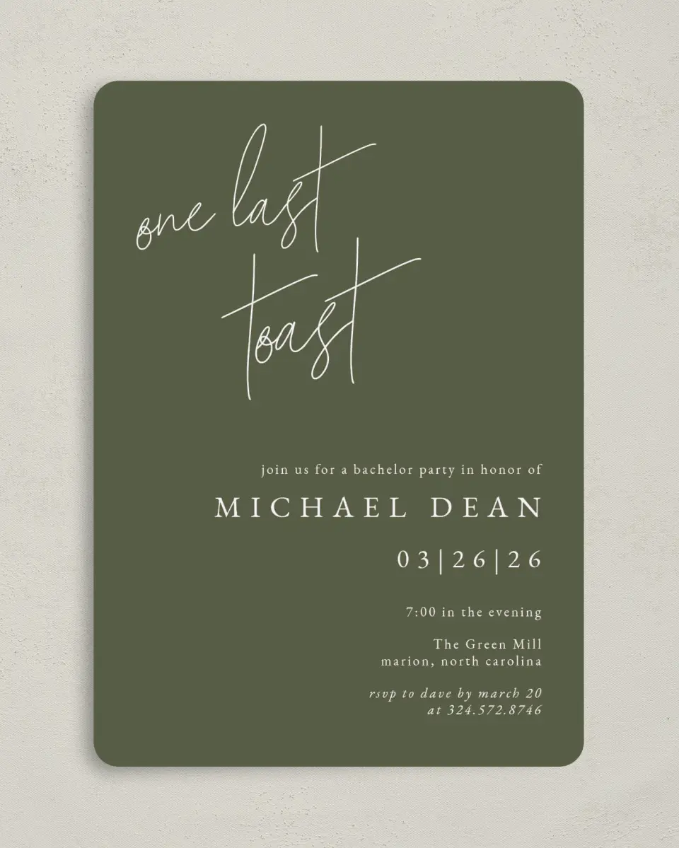 This is a 5" x 7" Bachelor Party Invitation called Modern Bachelor printed in full color on Premium Smooth paper