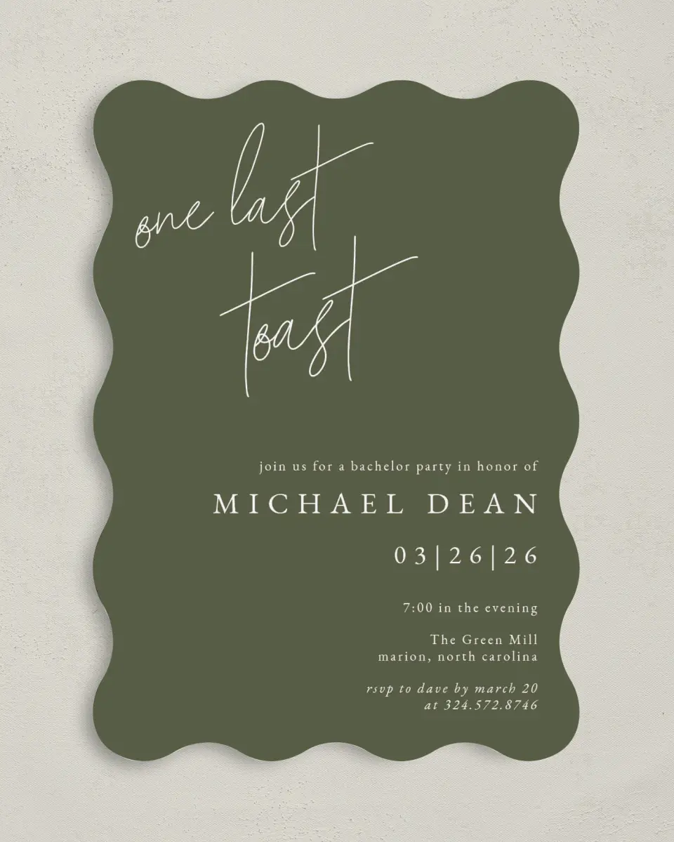 This is a 5" x 7" Bachelor Party Invitation called Modern Bachelor printed in full color on Premium Smooth paper