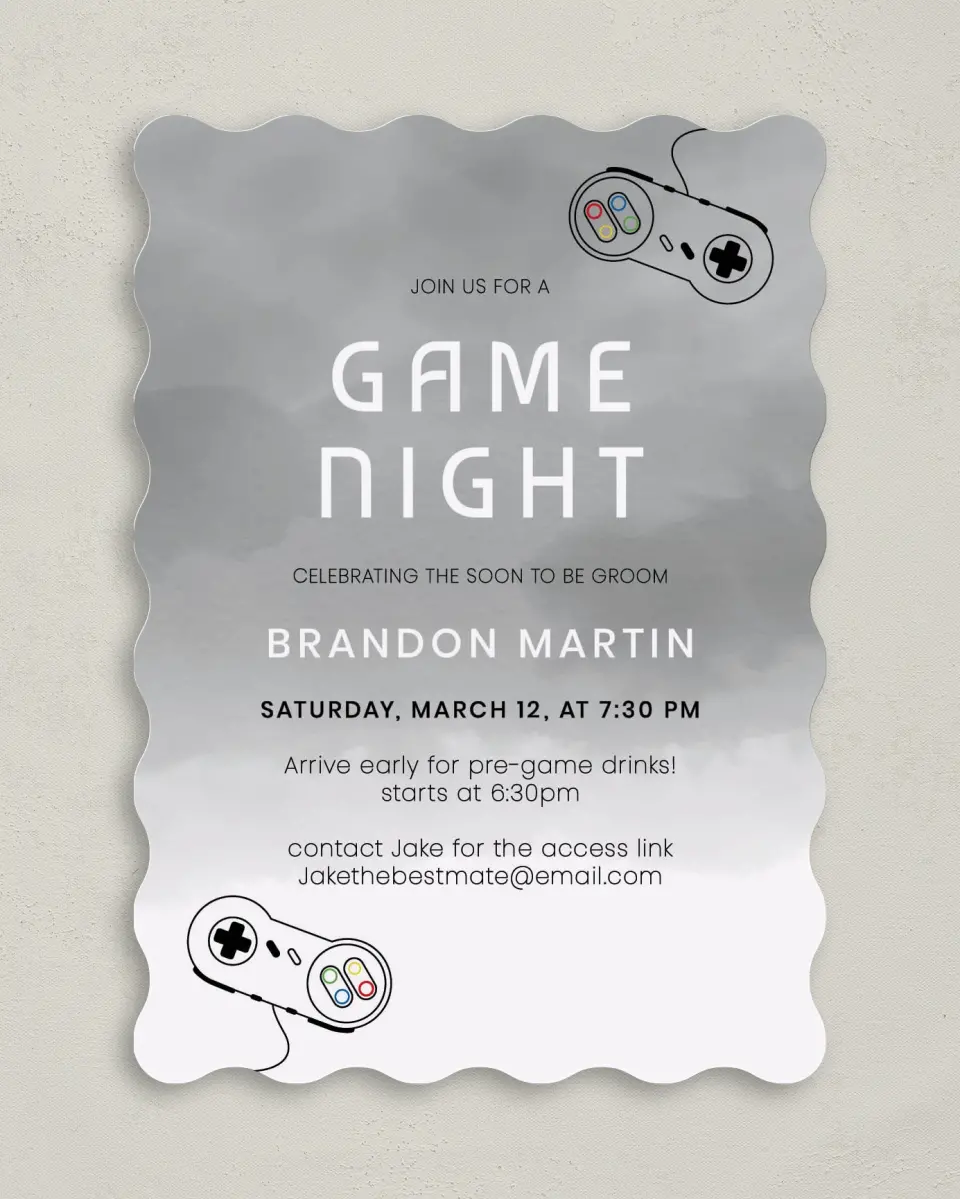 This is a 5" x 7" Bachelor Party Invitation called Game Night Fun printed in full color on Premium Smooth paper