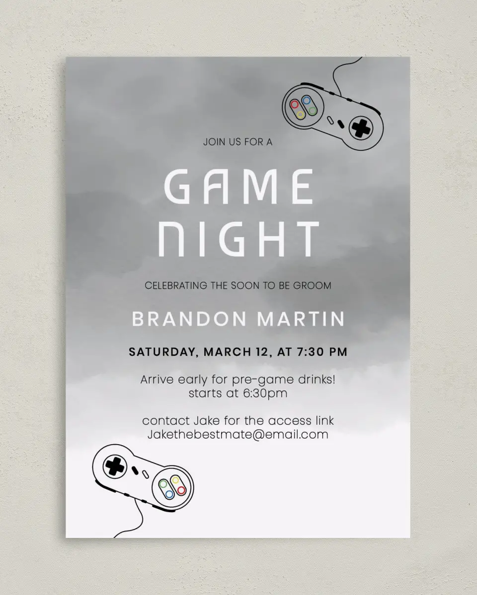 This is a 5" x 7" Bachelor Party Invitation called Game Night Fun printed in full color on Premium Smooth paper