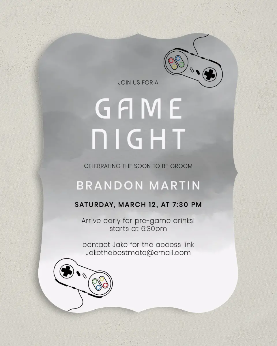 This is a 5" x 7" Bachelor Party Invitation called Game Night Fun printed in full color on Premium Smooth paper