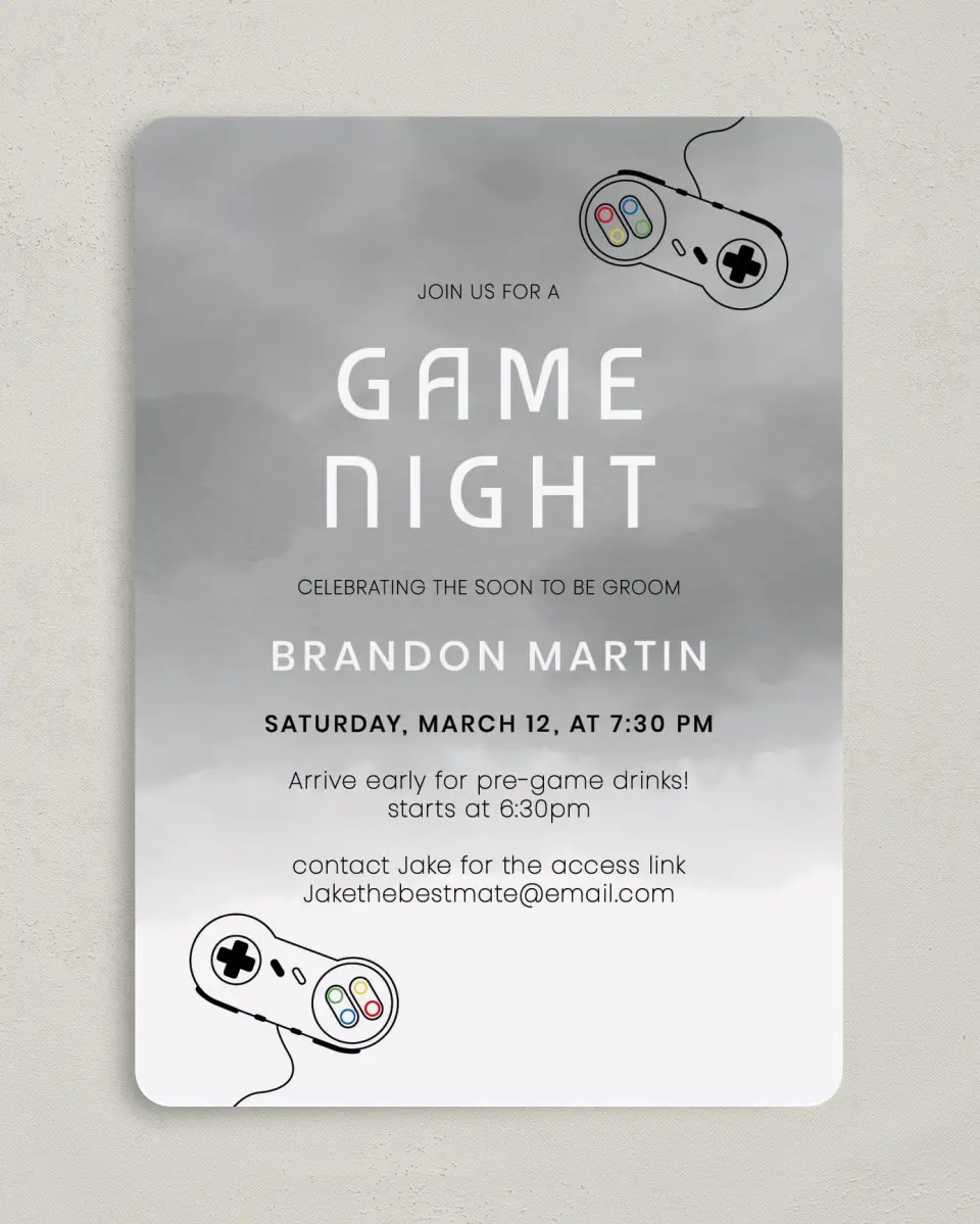 This is a 5" x 7" Bachelor Party Invitation called Game Night Fun printed in full color on Premium Smooth paper