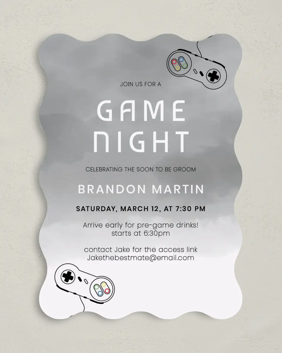 This is a 5" x 7" Bachelor Party Invitation called Game Night Fun printed in full color on Premium Smooth paper
