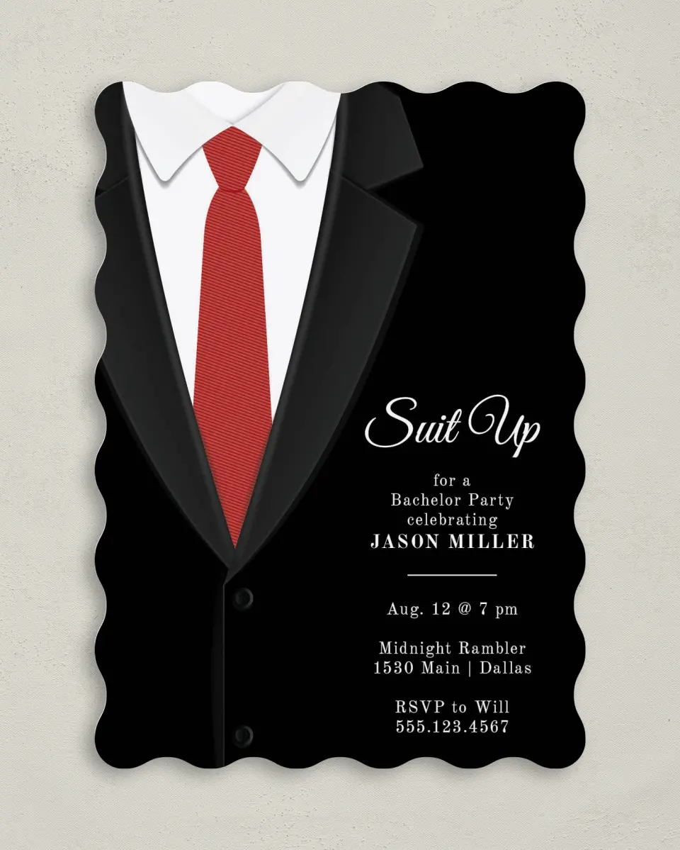 This is a 5" x 7" Bachelor Party Invitation called Suit Up printed in full color on Premium Smooth paper