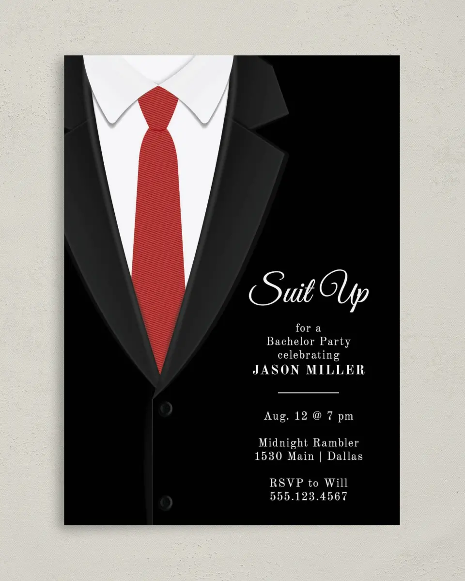 This is a 5" x 7" Bachelor Party Invitation called Suit Up printed in full color on Premium Smooth paper