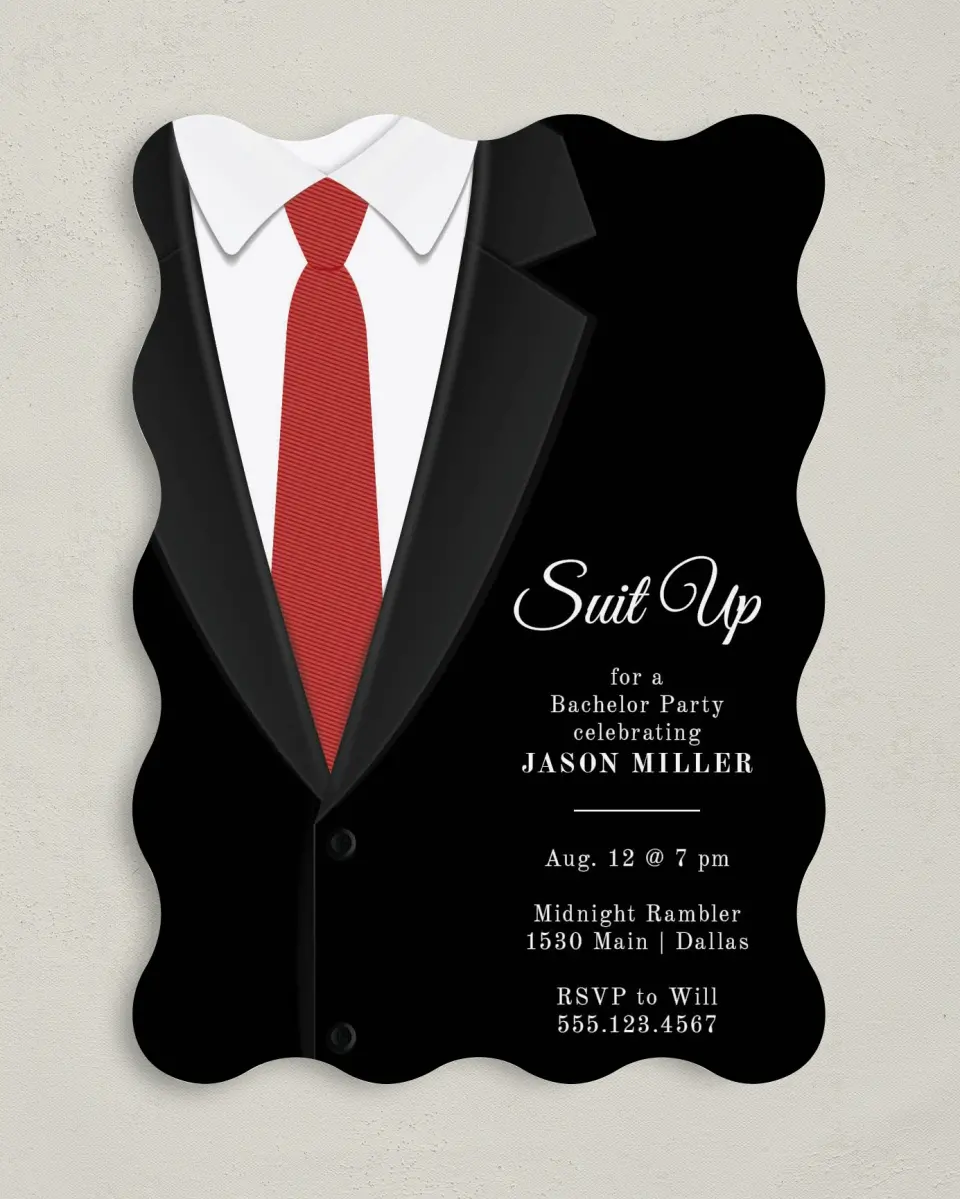This is a 5" x 7" Bachelor Party Invitation called Suit Up printed in full color on Premium Smooth paper