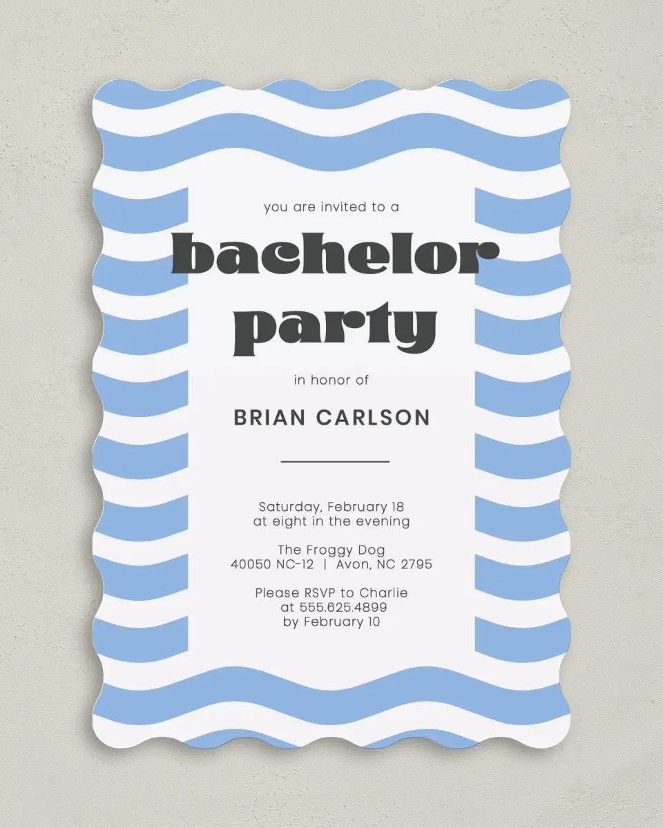 This is a 5" x 7" Bachelor Party Invitation called Flowing Festivity printed in full color on Premium Smooth paper