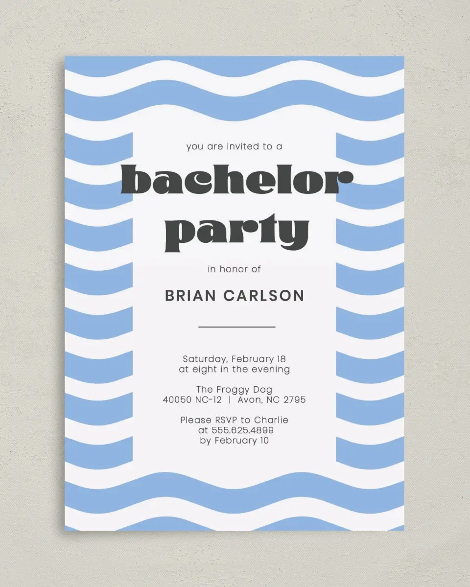 This is a 5" x 7" Bachelor Party Invitation called Flowing Festivity printed in full color on Premium Smooth paper