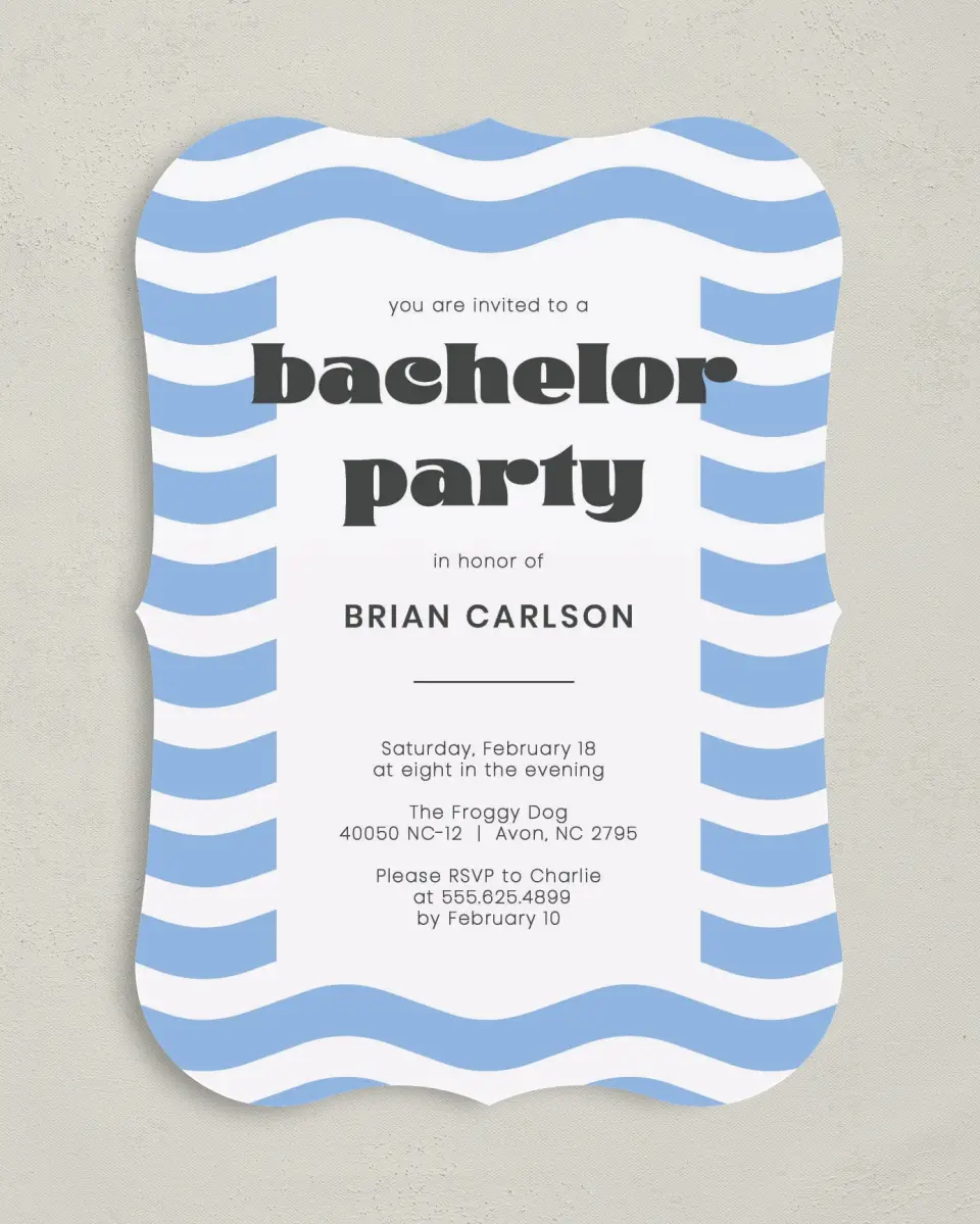 This is a 5" x 7" Bachelor Party Invitation called Flowing Festivity printed in full color with Rose Gold foil on Luxe Satin (coated) paper