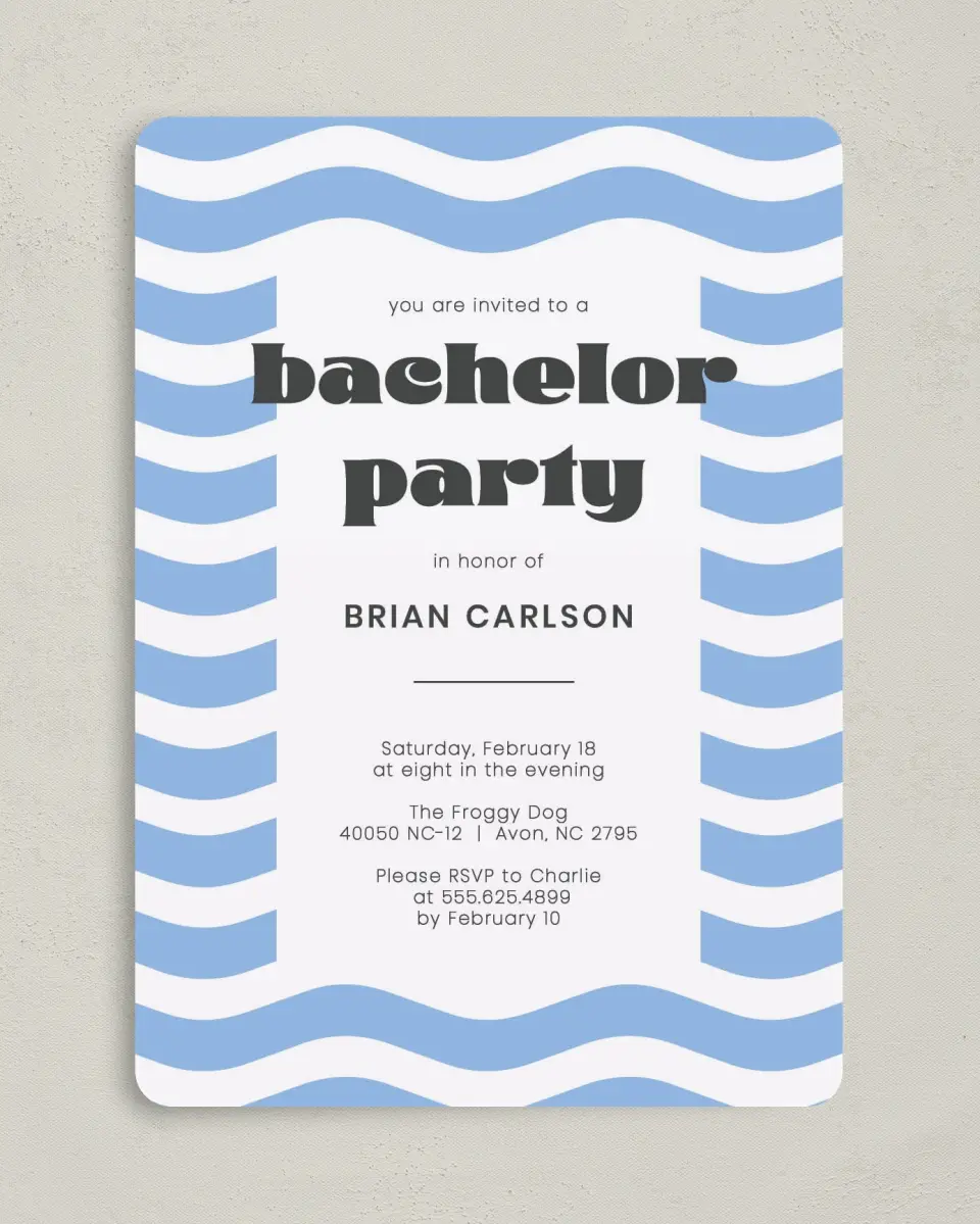 This is a 5" x 7" Bachelor Party Invitation called Flowing Festivity printed in full color on Premium Smooth paper