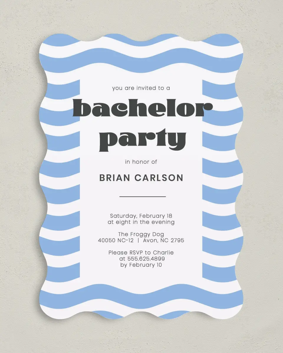 This is a 5" x 7" Bachelor Party Invitation called Flowing Festivity printed in full color with Silver foil on Luxe Satin (coated) paper