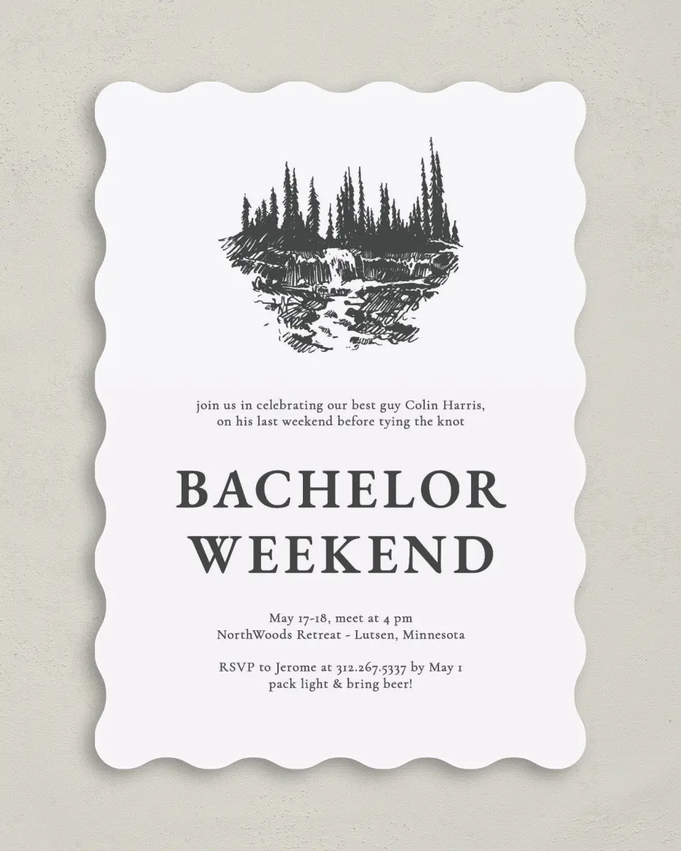 This is a 5" x 7" Bachelor Party Invitation called Nature Party printed in full color on Premium Smooth paper