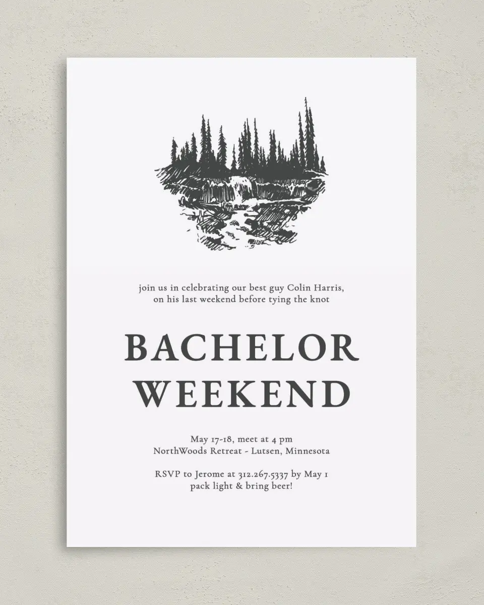 This is a 5" x 7" Bachelor Party Invitation called Nature Party printed in full color with Silver foil on Luxe Satin (coated) paper