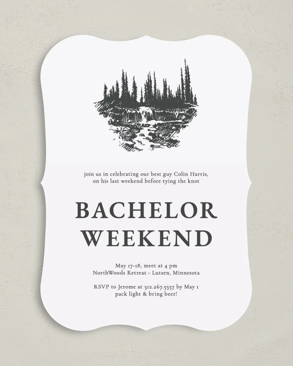 This is a 5" x 7" Bachelor Party Invitation called Nature Party printed in full color with Rose Gold foil on Luxe Satin (coated) paper