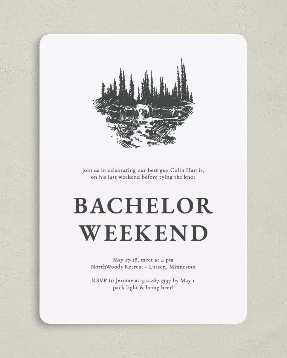 This is a 5" x 7" Bachelor Party Invitation called Nature Party printed in full color on Premium Smooth paper