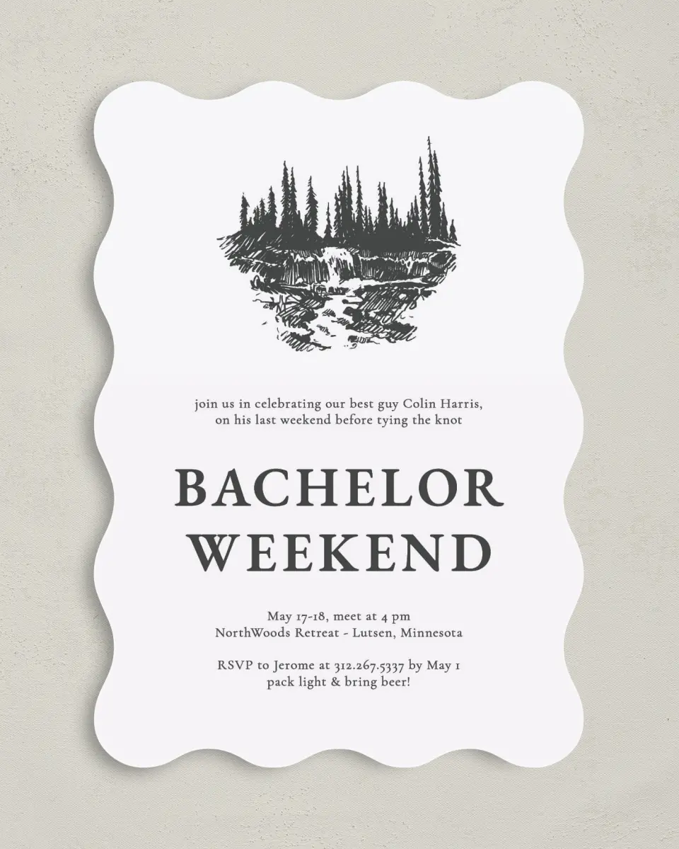 This is a 5" x 7" Bachelor Party Invitation called Nature Party printed in full color on Premium Smooth paper