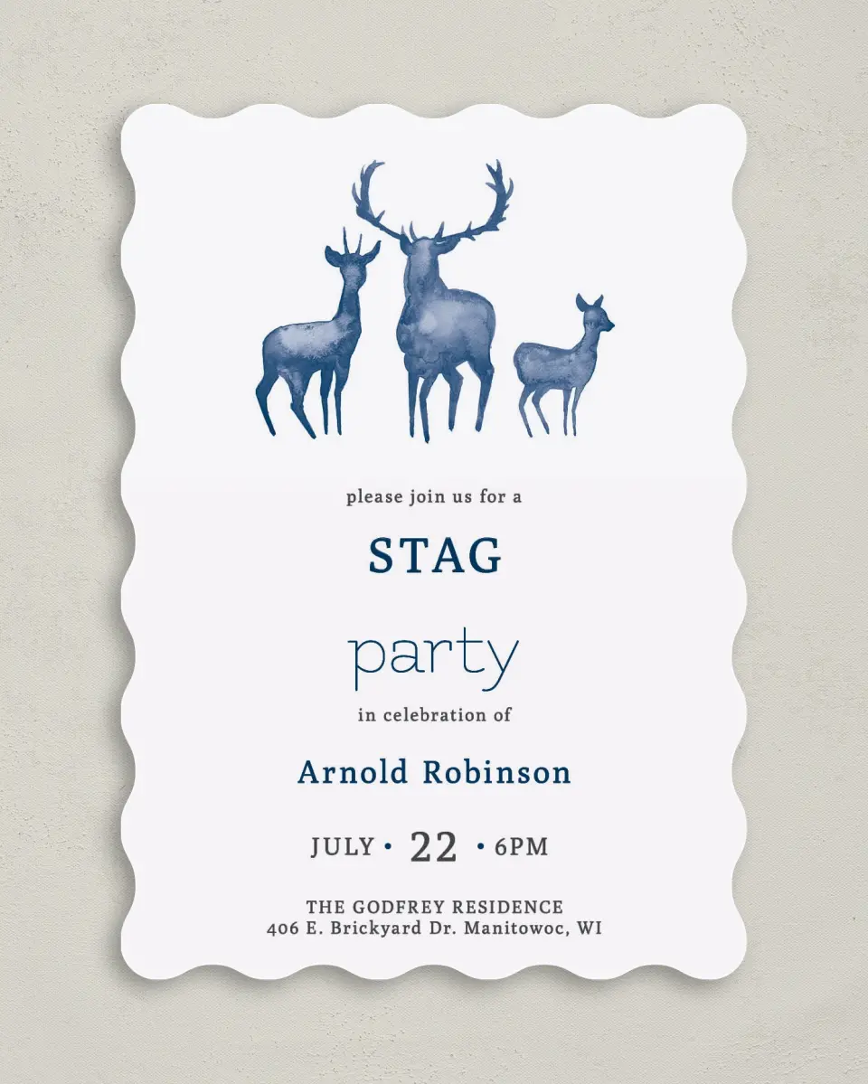 This is a 5" x 7" Bachelor Party Invitation called Stag Party printed in full color on Premium Smooth paper