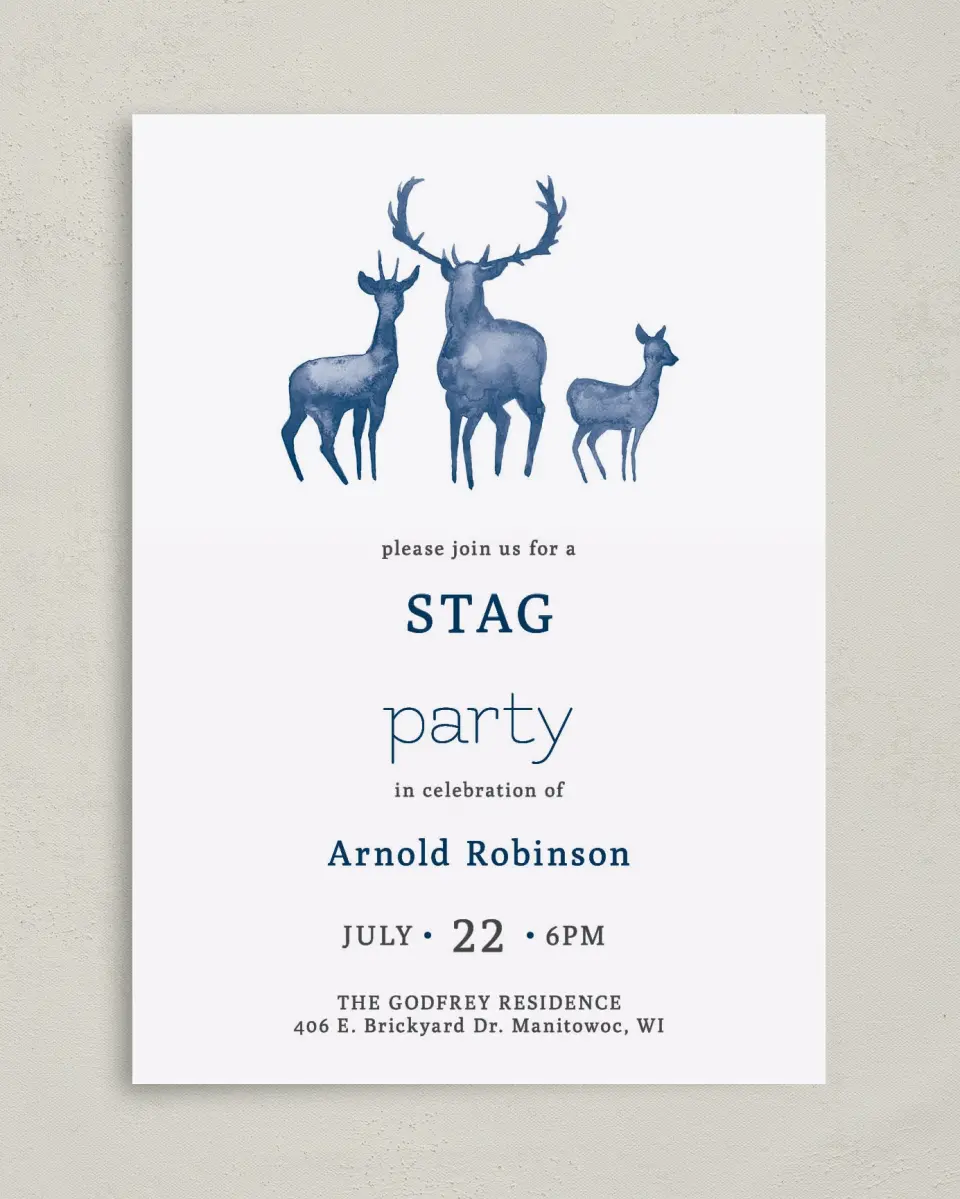 This is a 5" x 7" Bachelor Party Invitation called Stag Party printed in full color on Premium Smooth paper