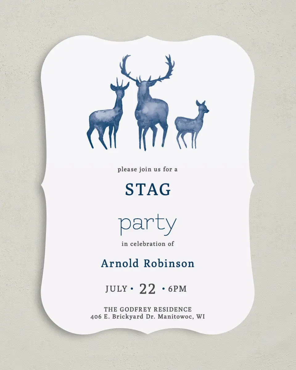 This is a 5" x 7" Bachelor Party Invitation called Stag Party printed in full color with Silver foil on Luxe Satin (coated) paper