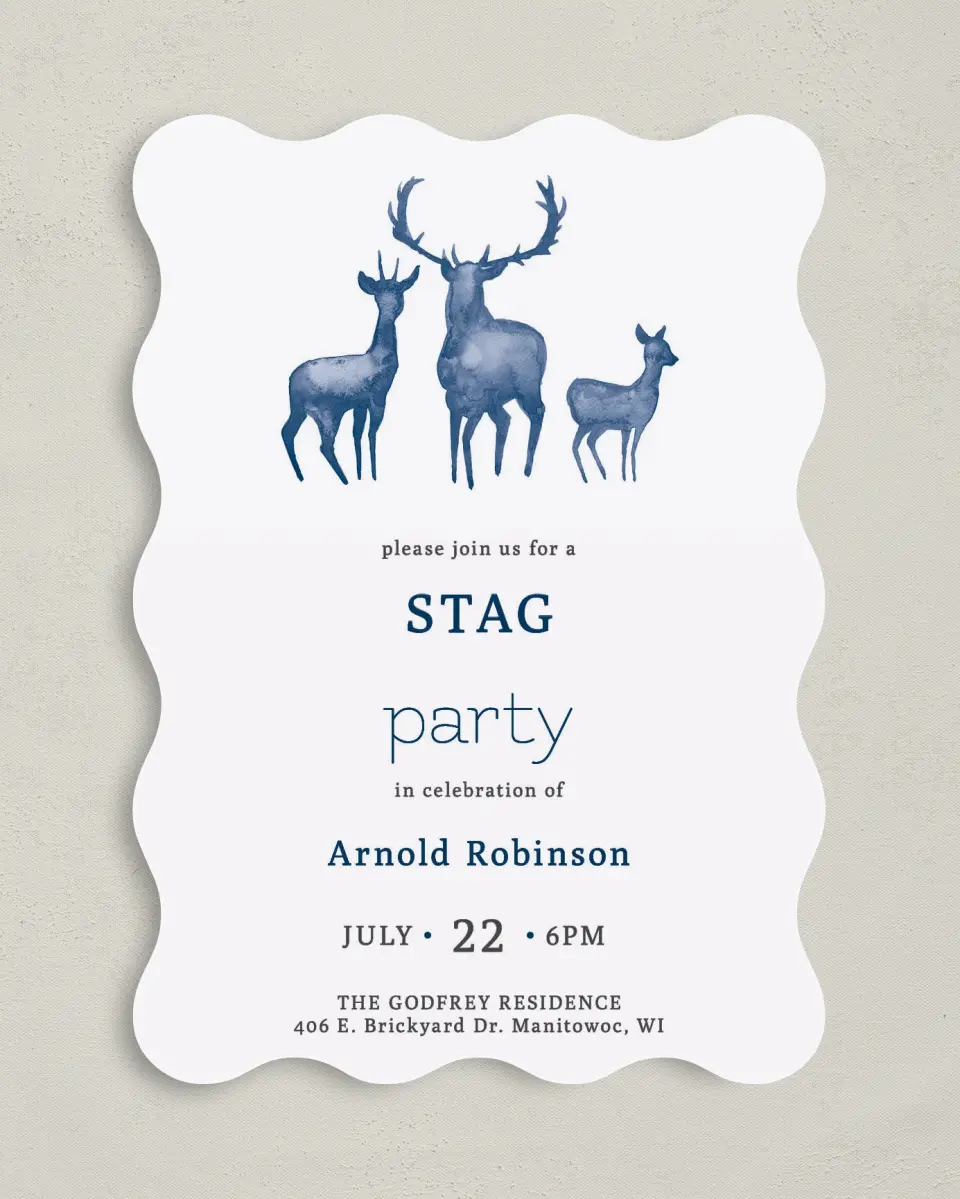 This is a 5" x 7" Bachelor Party Invitation called Stag Party printed in full color on Premium Smooth paper
