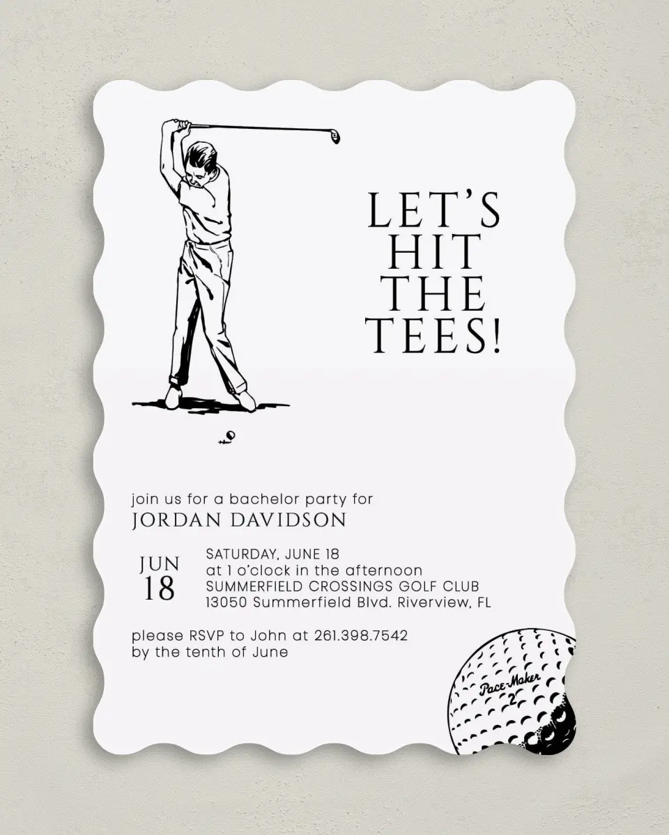 This is a 5" x 7" Bachelor Party Invitation called Main Tee printed in full color on Premium Smooth paper