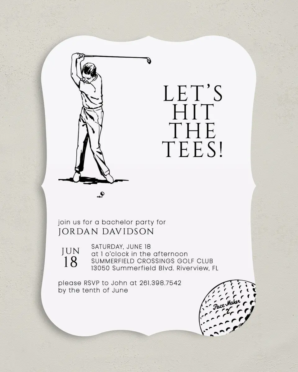 This is a 5" x 7" Bachelor Party Invitation called Main Tee printed in full color with Silver foil on Luxe Satin (coated) paper