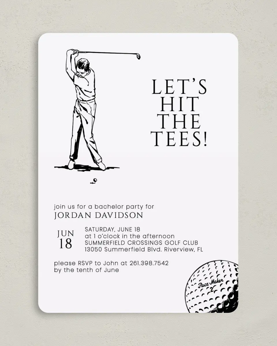 This is a 5" x 7" Bachelor Party Invitation called Main Tee printed in full color on Premium Smooth paper