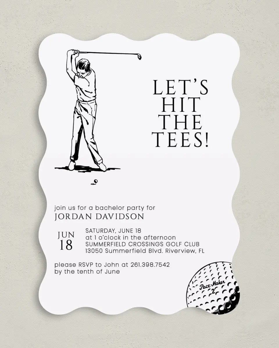 This is a 5" x 7" Bachelor Party Invitation called Main Tee printed in full color on Premium Smooth paper