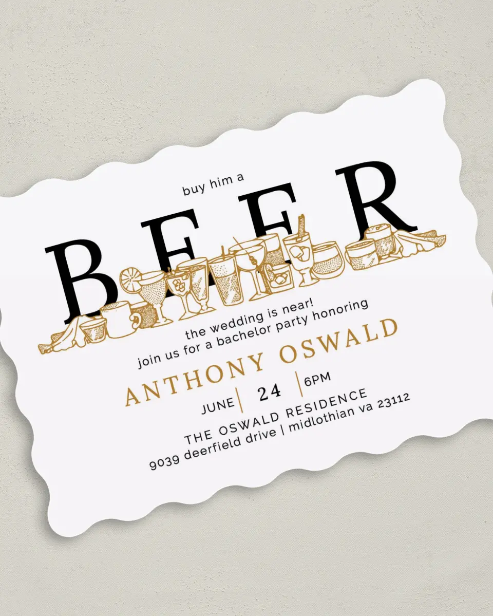 This is a 5" x 7" Bachelor Party Invitation called Groom's Beer printed in full color on Premium Smooth paper