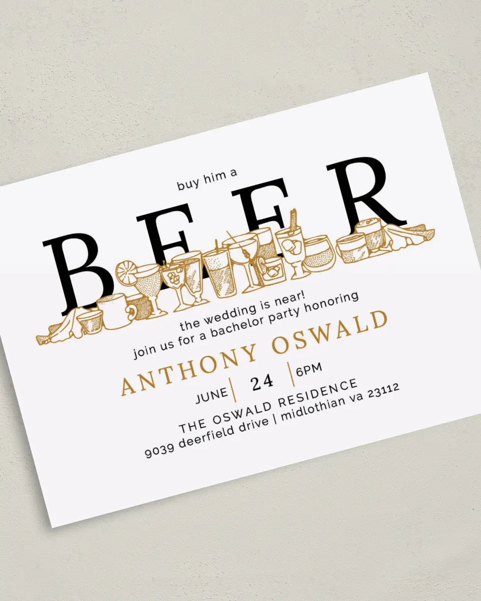 This is a 5" x 7" Bachelor Party Invitation called Groom's Beer printed in full color on Premium Smooth paper
